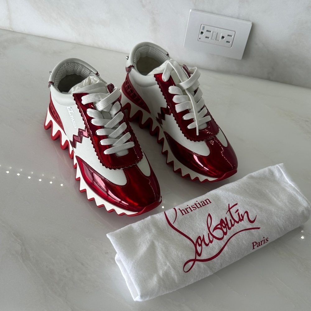Christian Louboutin Loubishark Red and White Metallic Sneakers 39.5 / 8.5 - 9 - Picture 3 of 13